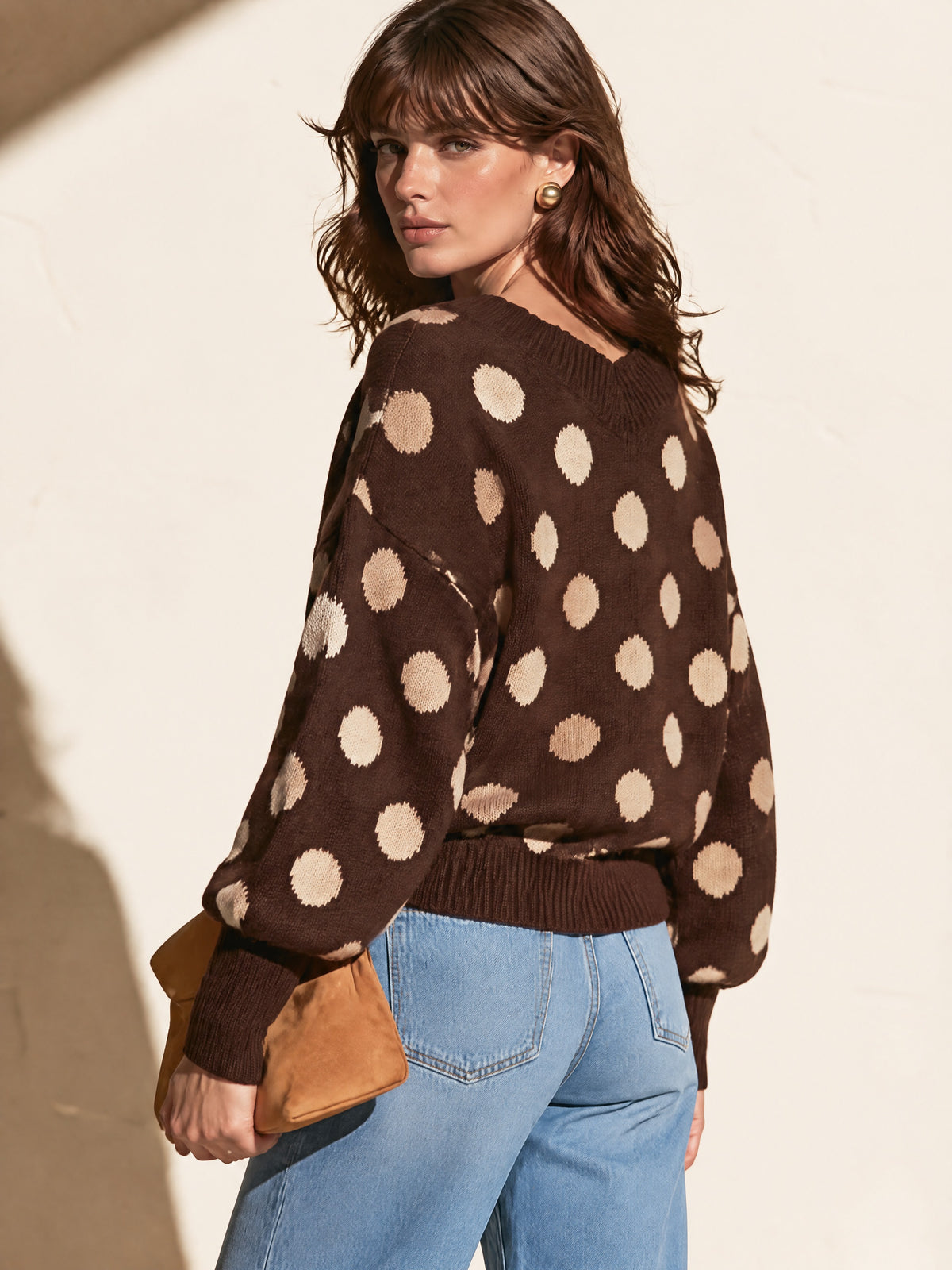 Brown Polka Dot Wrap V-Neck Knit Sweater