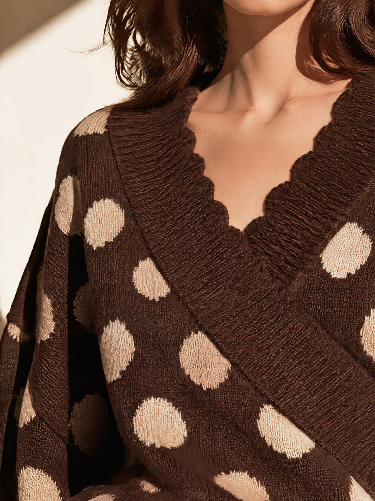 Brown Polka Dot Wrap V-Neck Knit Sweater