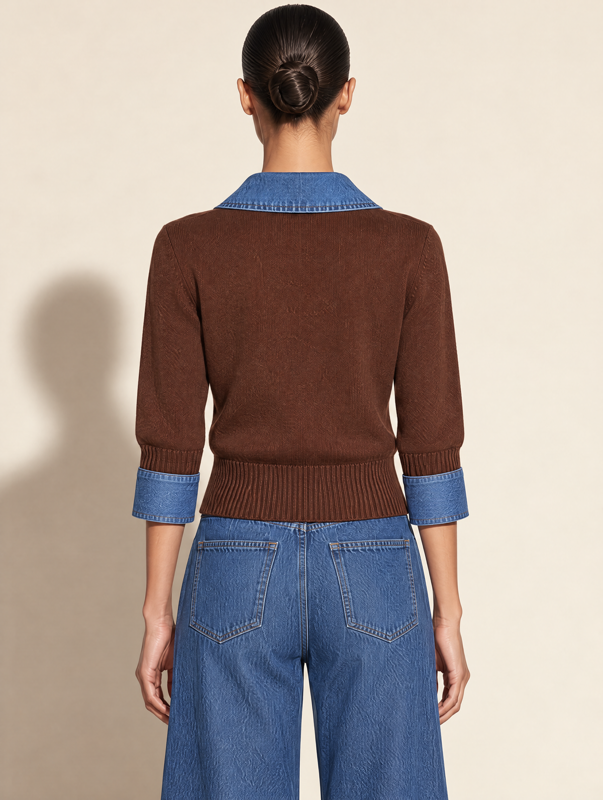 Contrast Denim Collar Brown Knit Polo Sweater
