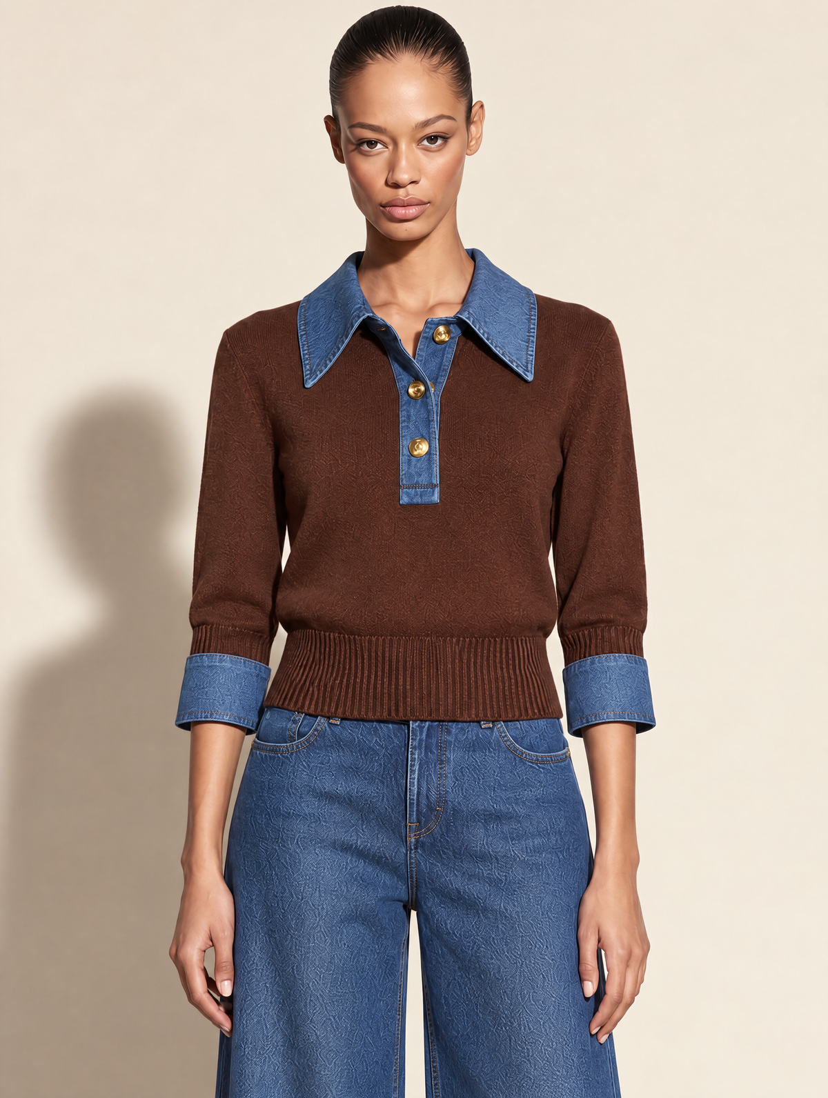 Contrast Denim Collar Brown Knit Polo Sweater