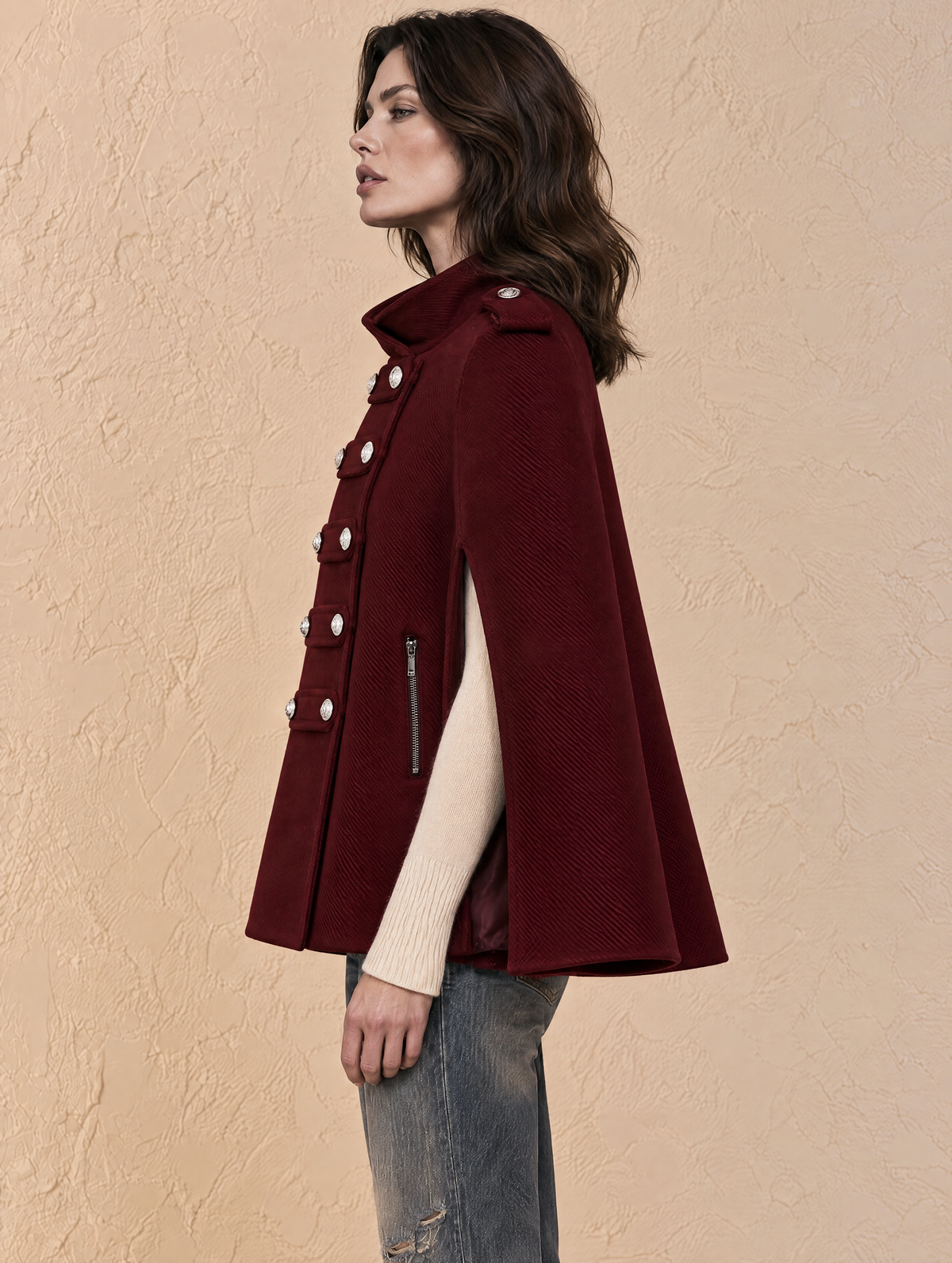 Burgundy High Neck Woolen Cape Coat