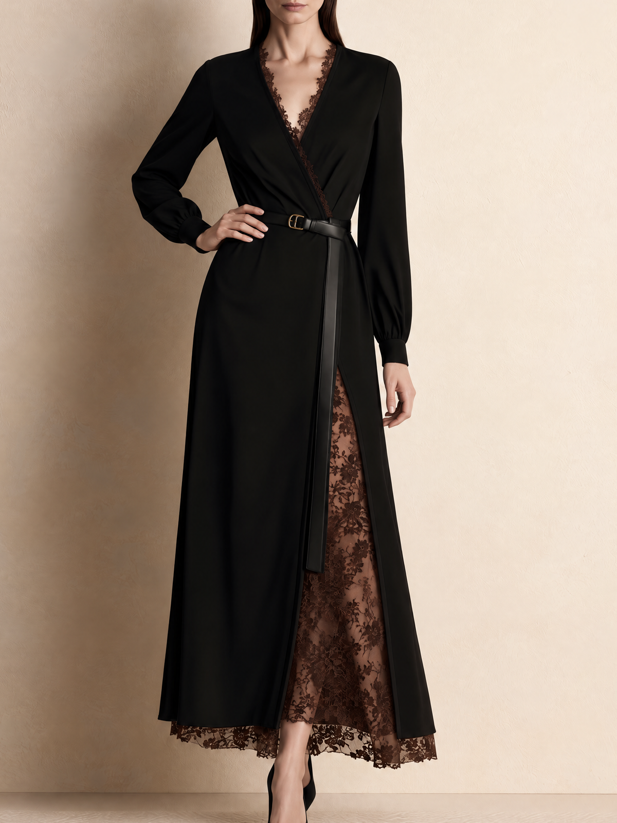 Black V Neck Brown Lace Panel Midi Dress