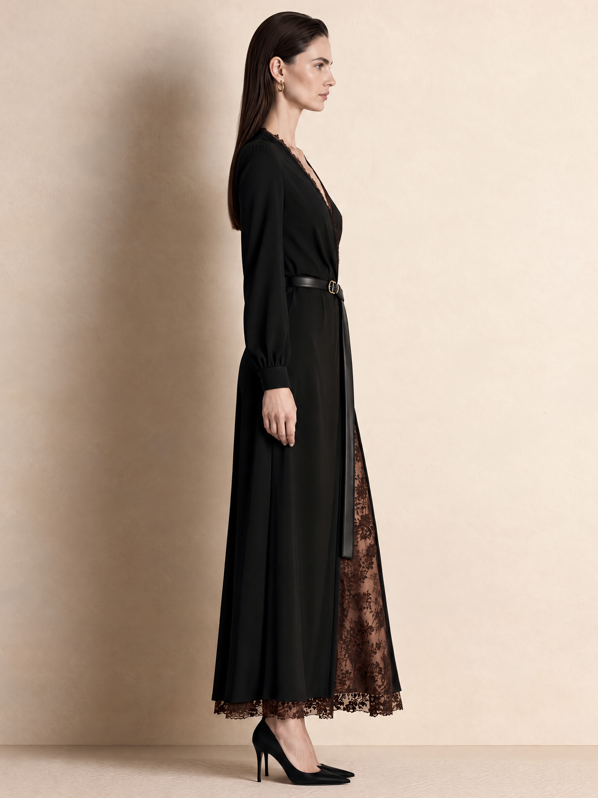 Black V Neck Brown Lace Panel Midi Dress