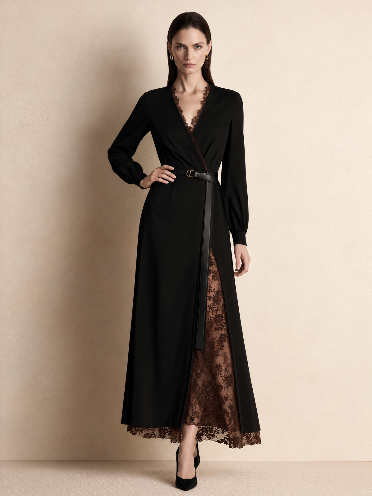 Black V Neck Brown Lace Panel Midi Dress