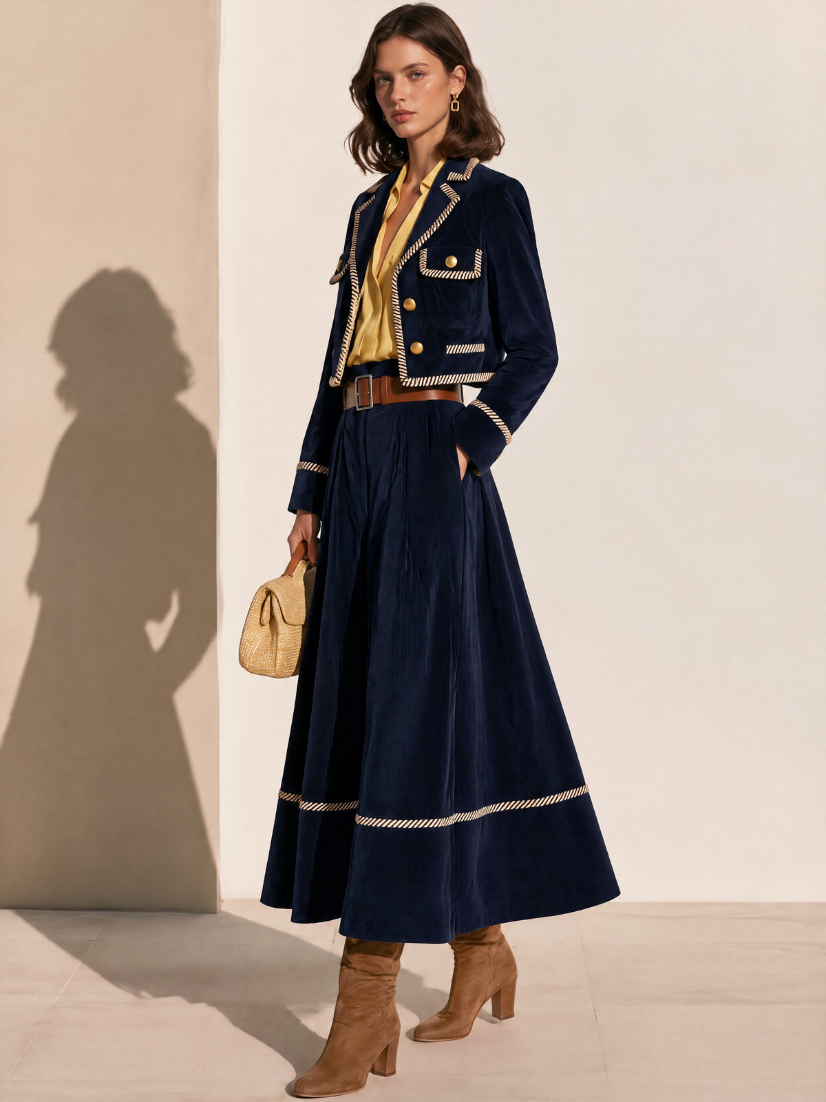 Navy Faux Suede Trimmed Blazer & Corduroy Skirt Two-Piece Set