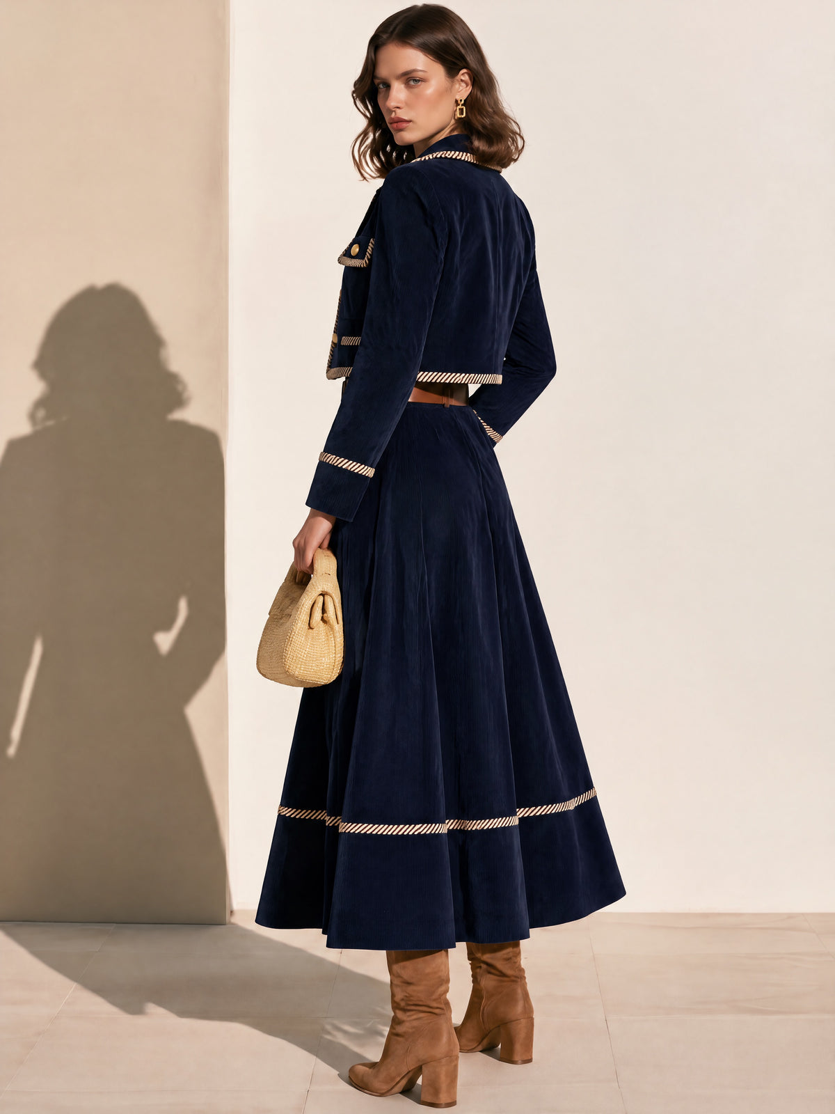 Navy Faux Suede Trimmed Blazer & Corduroy Skirt Two-Piece Set