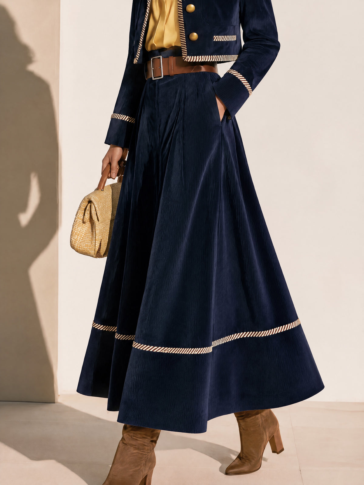 Navy Corduroy Piped High-Waisted Flared Midi Skirt