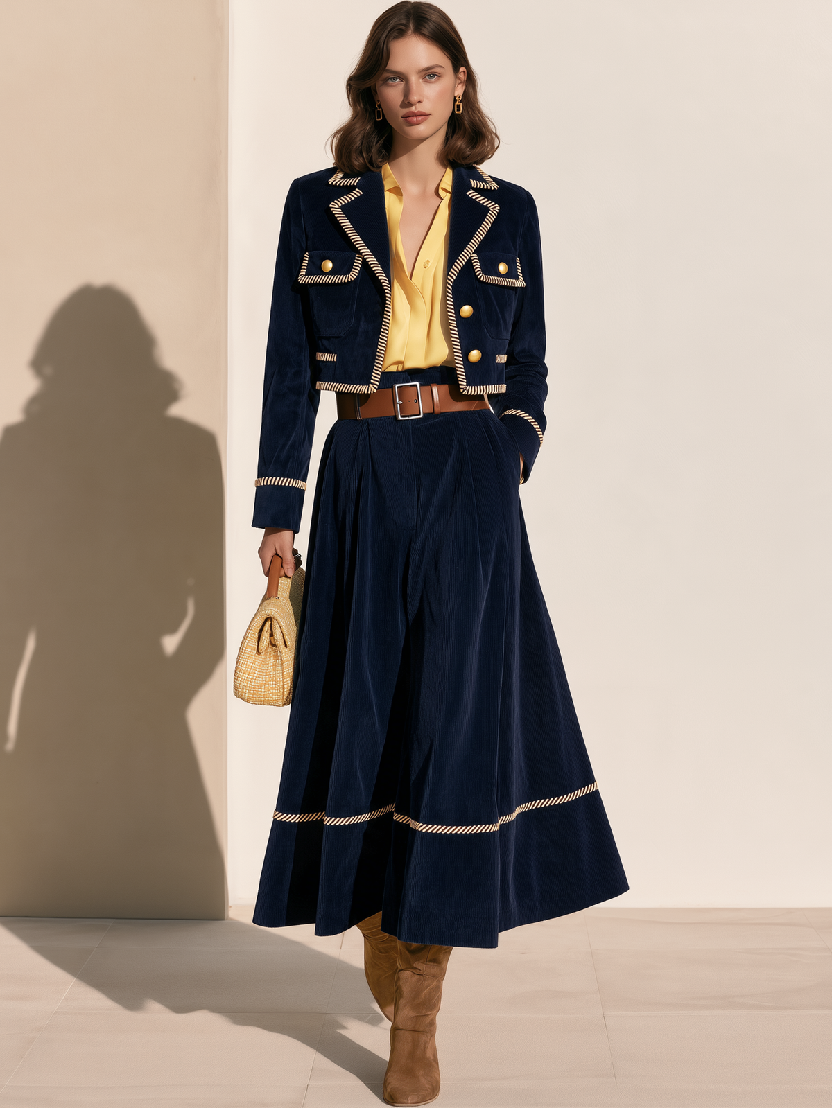 Navy Corduroy Piped High-Waisted Flared Midi Skirt