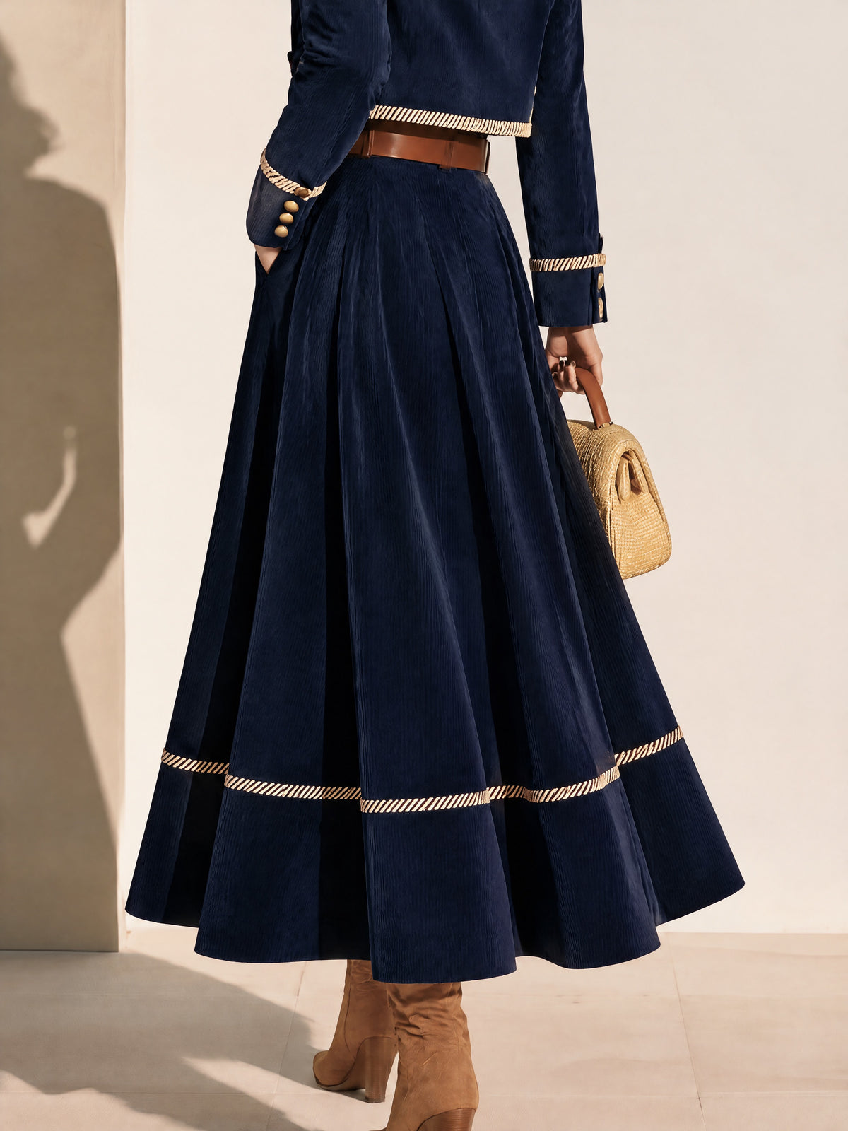 Navy Corduroy Piped High-Waisted Flared Midi Skirt