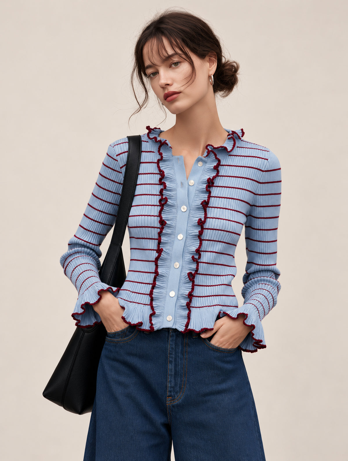 Blue Striped Rib Knit Cardigan