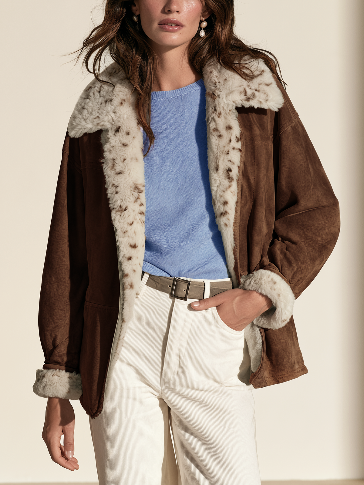 Faux Suede Spotted Fur Trim Jacket