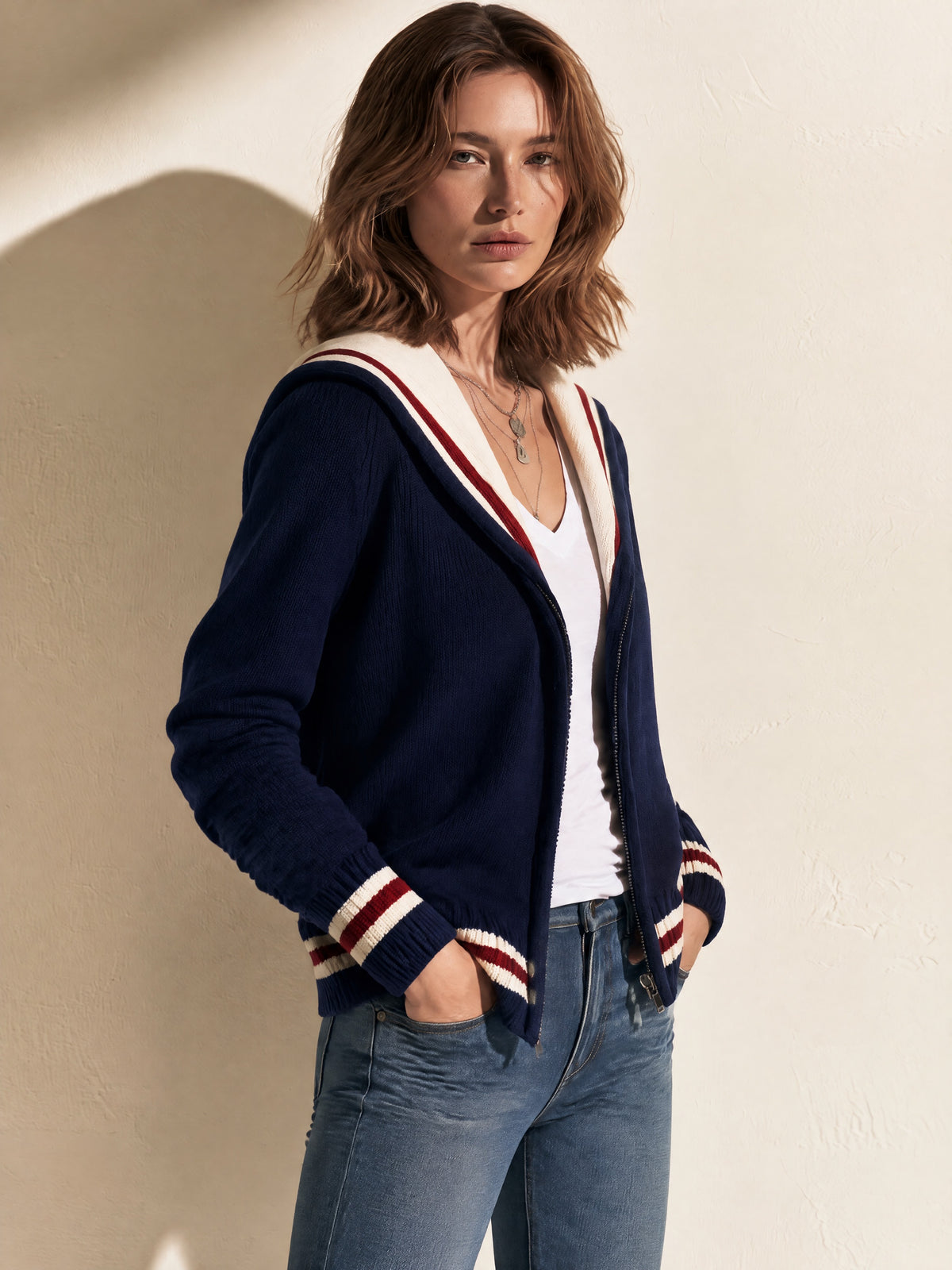 Navy Striped Sailor Collar Zip Knit Cardigan