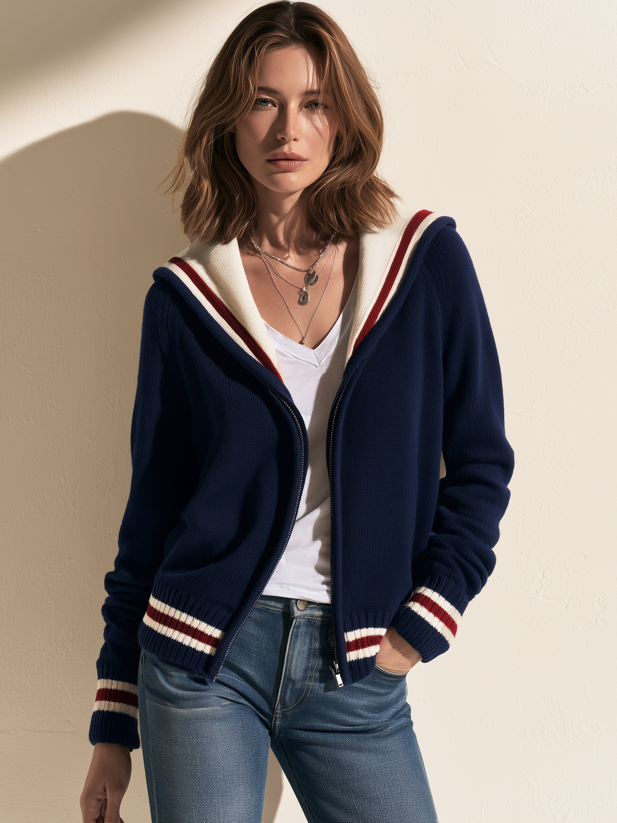 Navy Striped Sailor Collar Zip Knit Cardigan