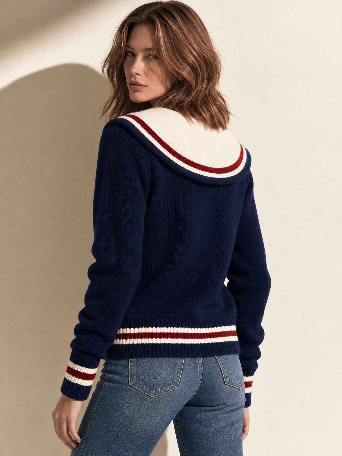 Navy Striped Sailor Collar Zip Knit Cardigan