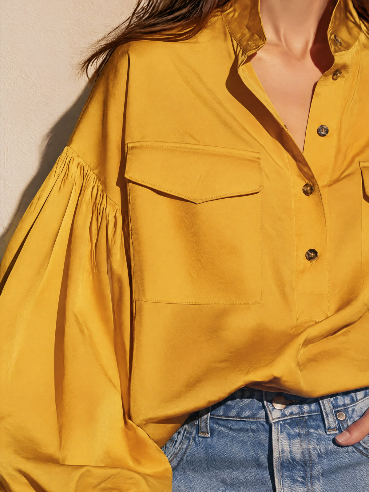 Mustard Yellow Satin Balloon Sleeve Blouse