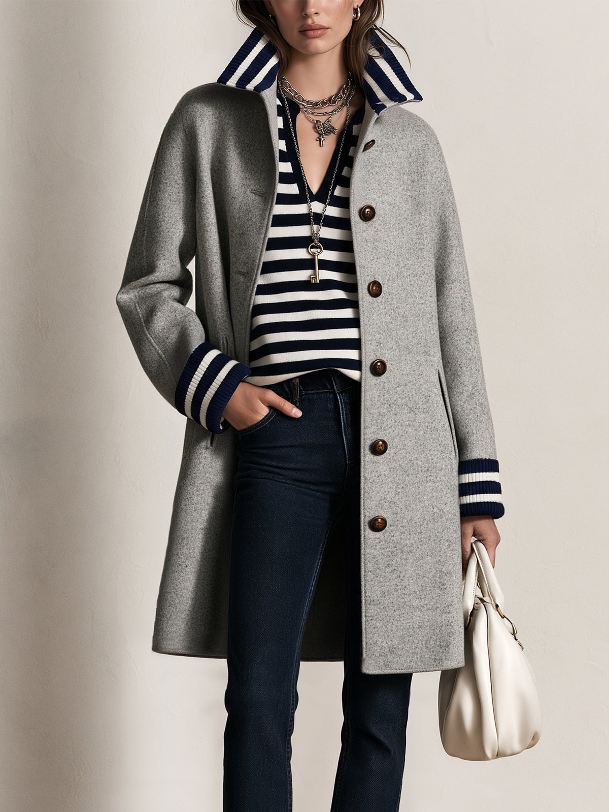 Light Grey Striped Knit Collar & Cuffs Coat Overcoat