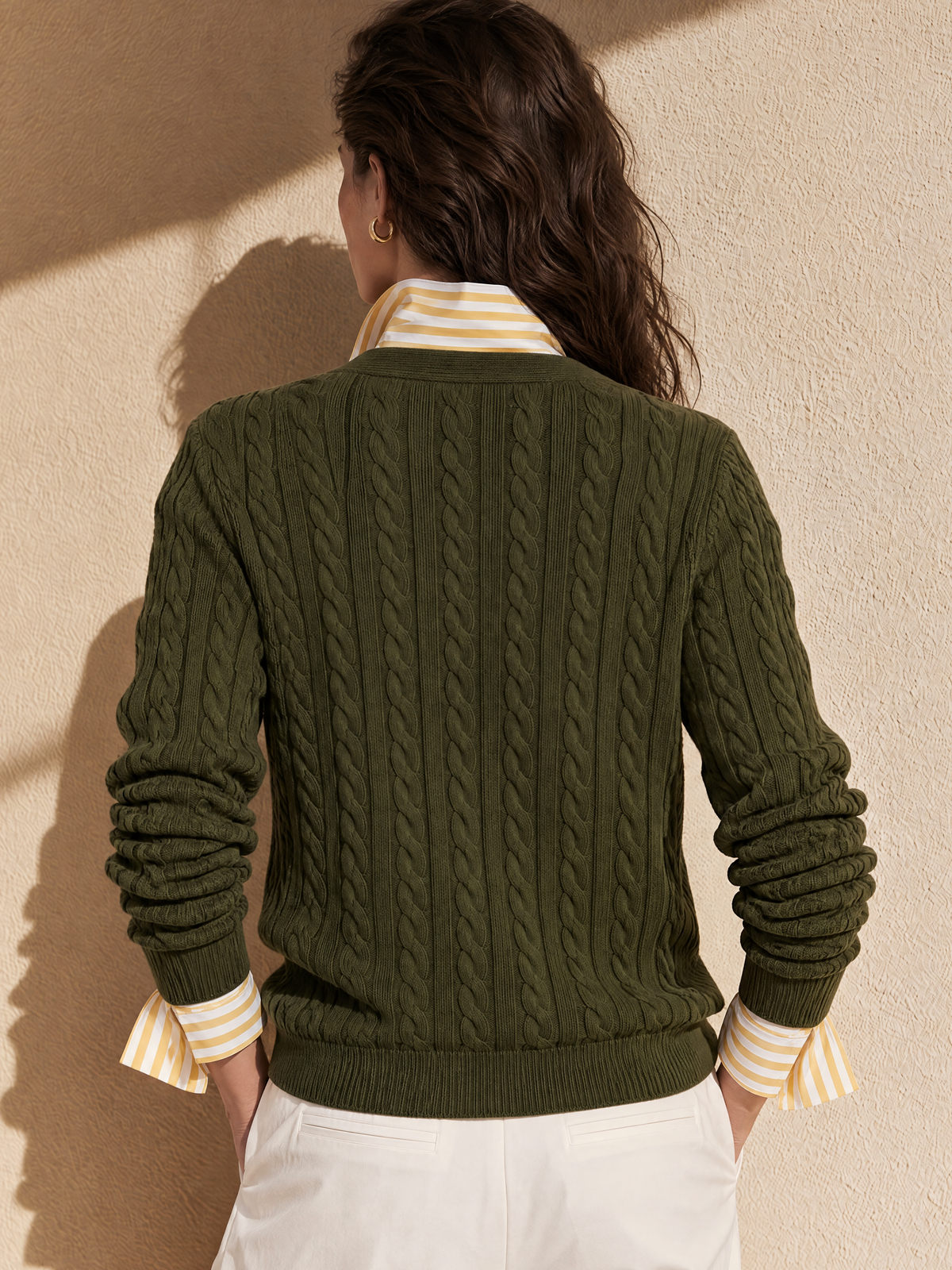 Olive Green And Yellow Shirt Collar Wool Knit Faux Two Piece Cardigan