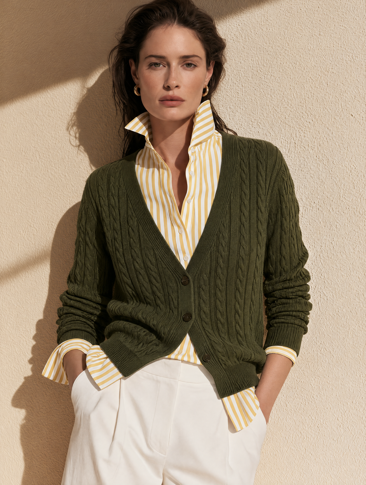 Olive Green And Yellow Shirt Collar Wool Knit Faux Two Piece Cardigan