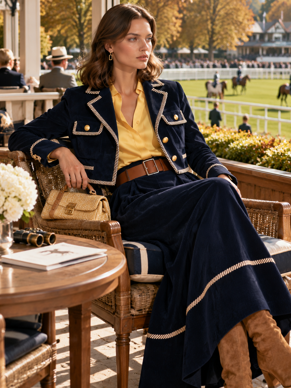 Navy Faux Suede Trimmed Blazer & Corduroy Skirt Two-Piece Set