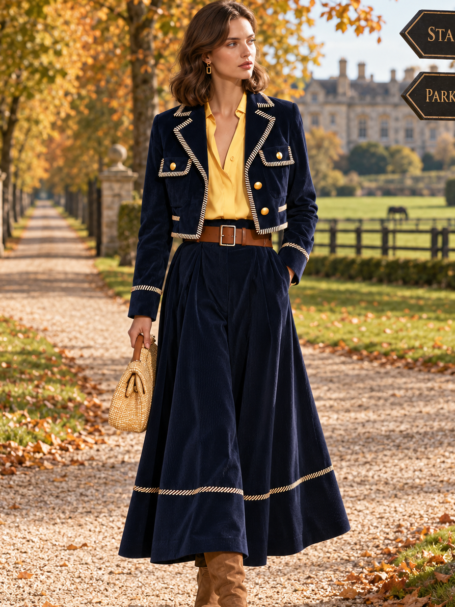 Navy Corduroy Piped High-Waisted Flared Midi Skirt