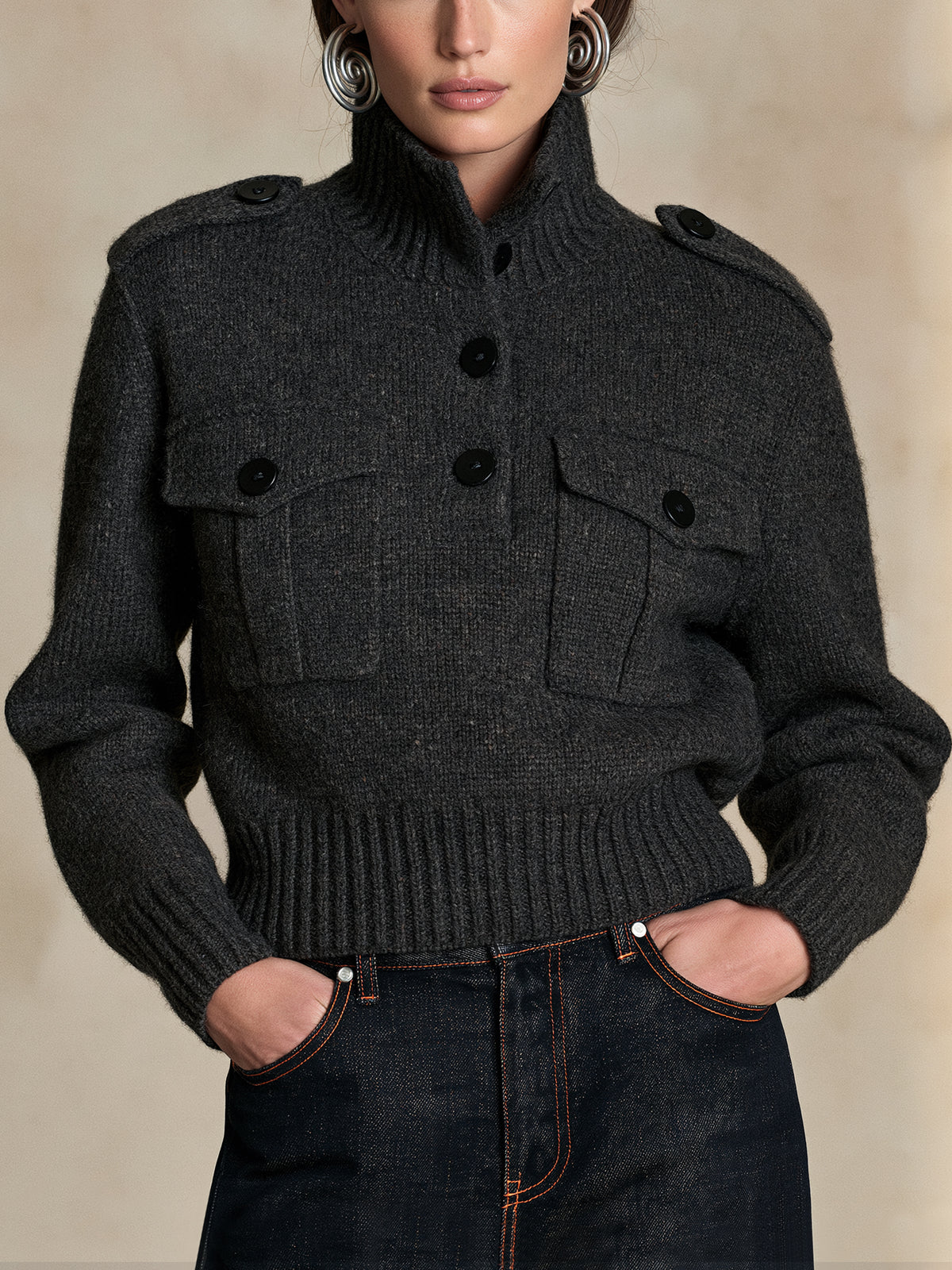 Charcoal Grey High Neck Knit Pullover Sweater