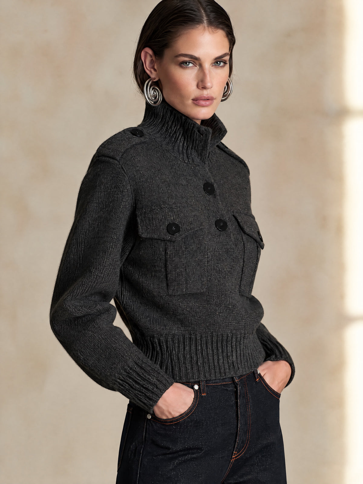 Charcoal Grey High Neck Knit Pullover Sweater