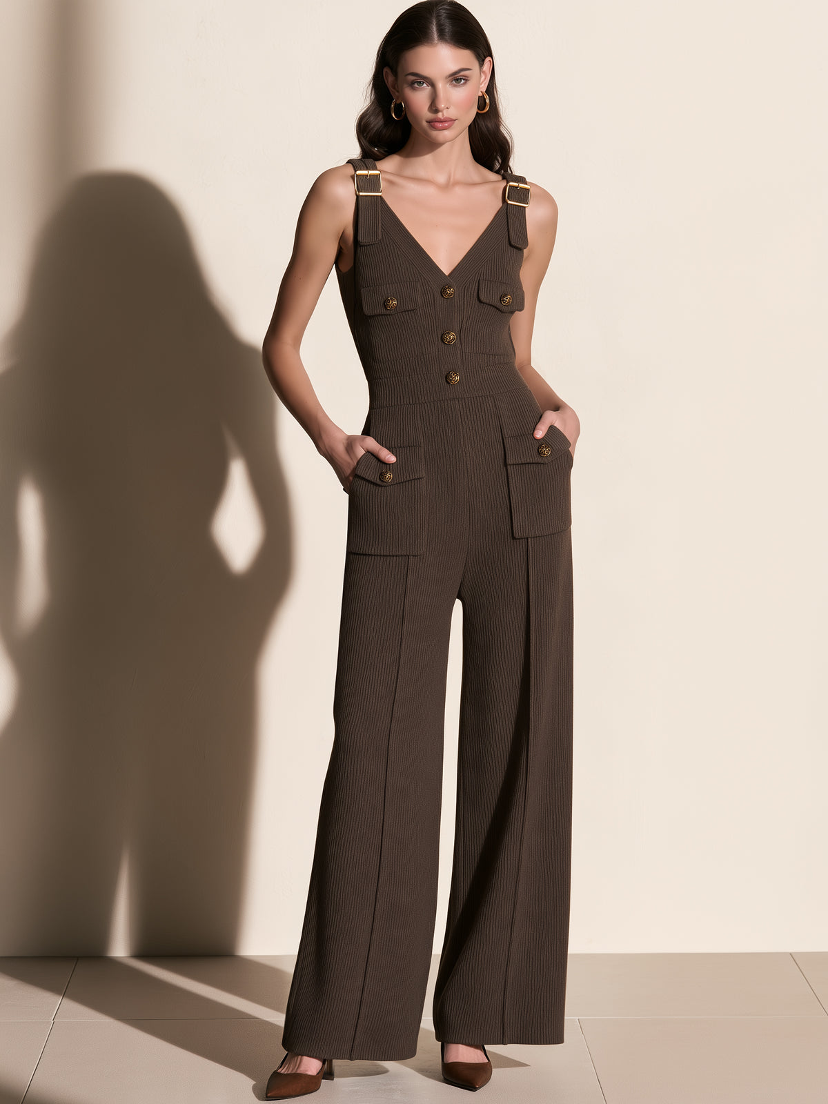 Brown Ribbed Wide-Leg Sleeveless V-Neck Jumpsuit