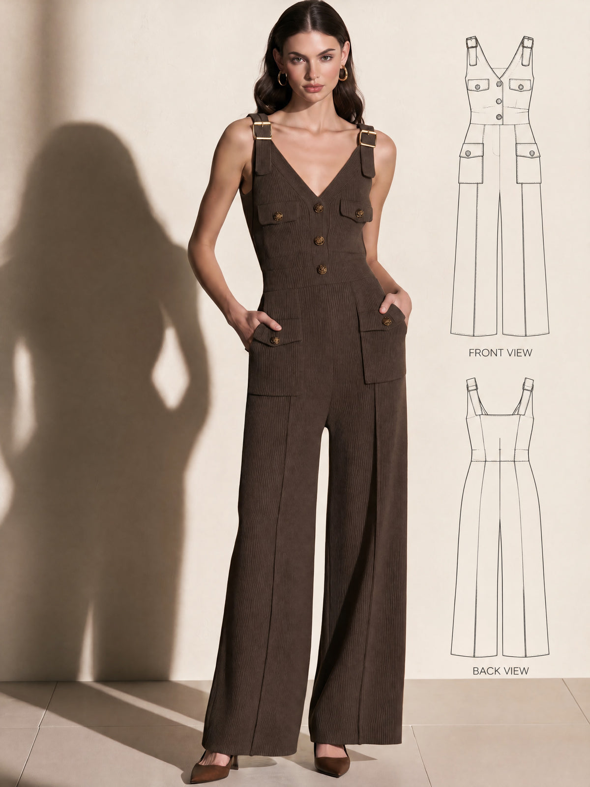 Brown Ribbed Wide-Leg Sleeveless V-Neck Jumpsuit