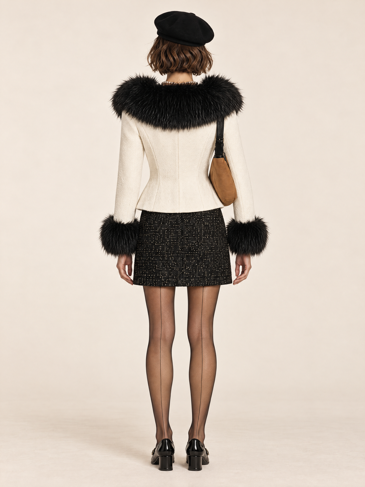 Black Faux Fur Collar Cream Tweed Fitted Jacket