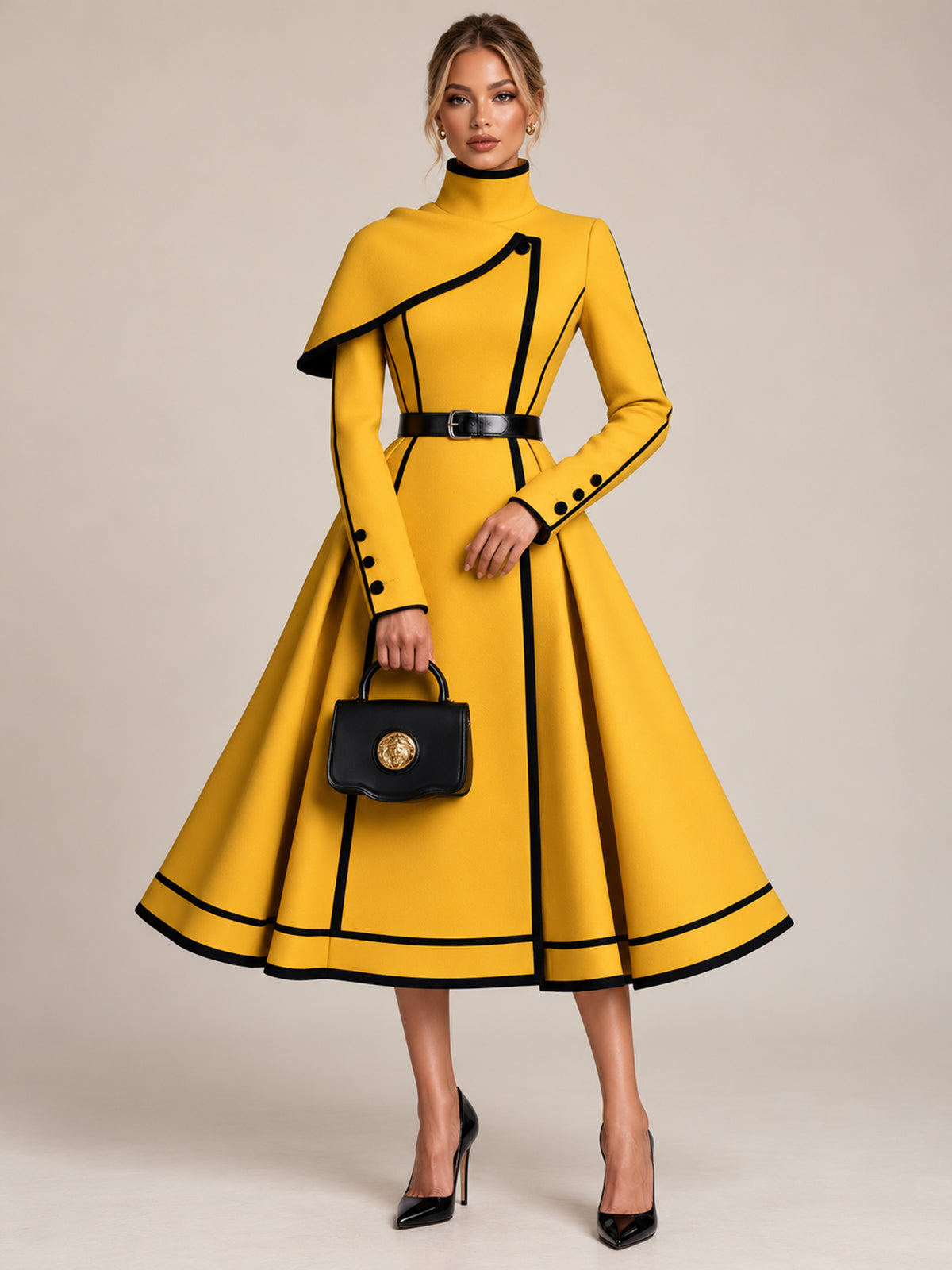 Yellow Contrast Piped Cape Shoulder Belted Midi Dress