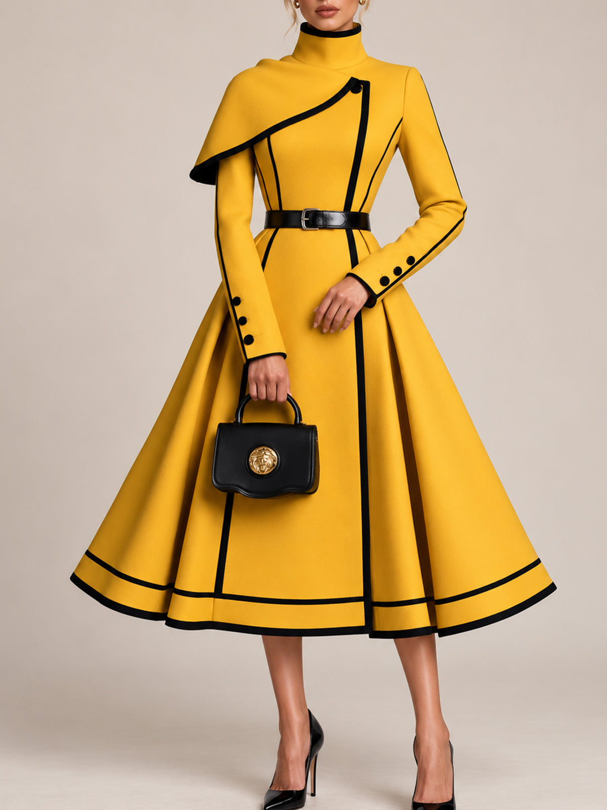 Yellow Contrast Piped Cape Shoulder Belted Midi Dress