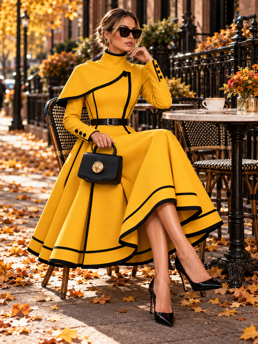 Yellow Contrast Piped Cape Shoulder Belted Midi Dress