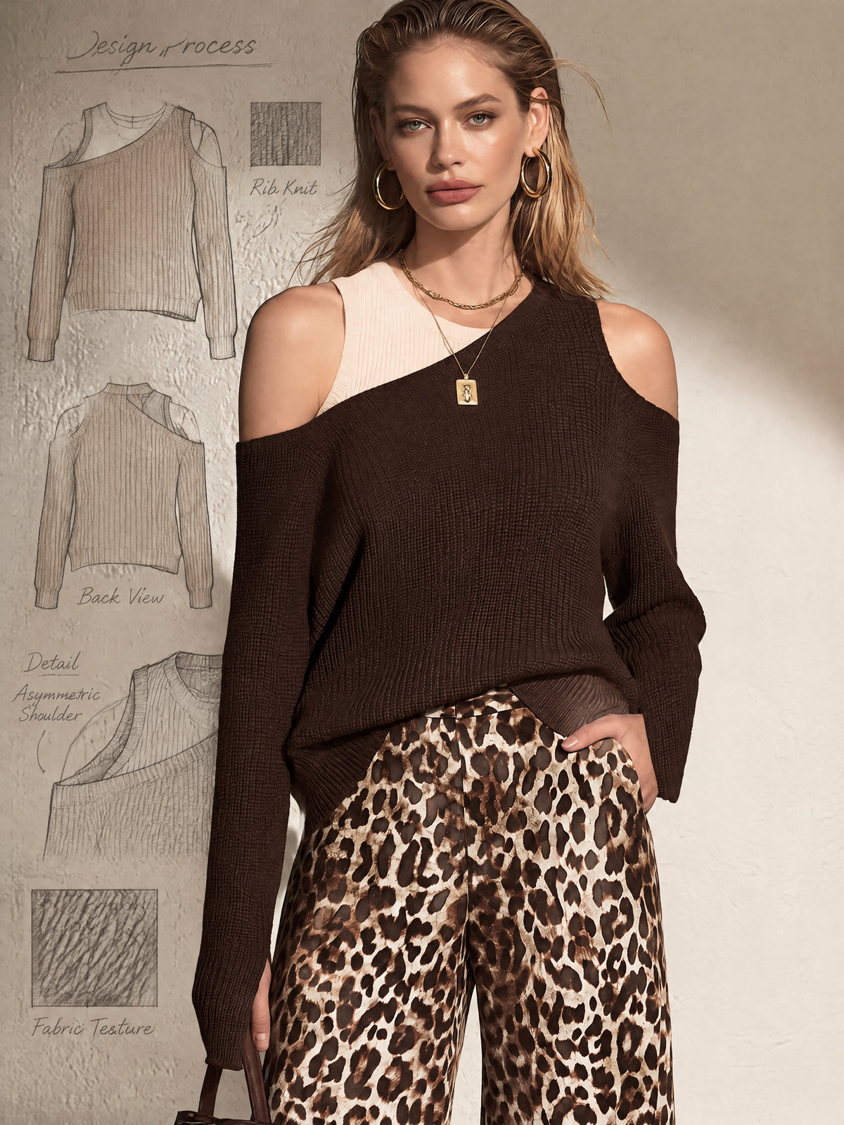 Brown & Off-white Knit Cold-Shoulder Pullover Sweater