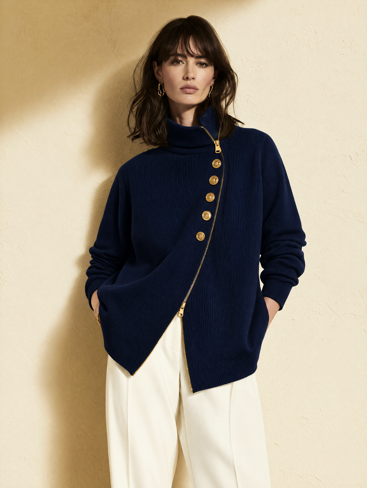 Navy Blue Asymmetric Zip Front Wool Knit Cardigan