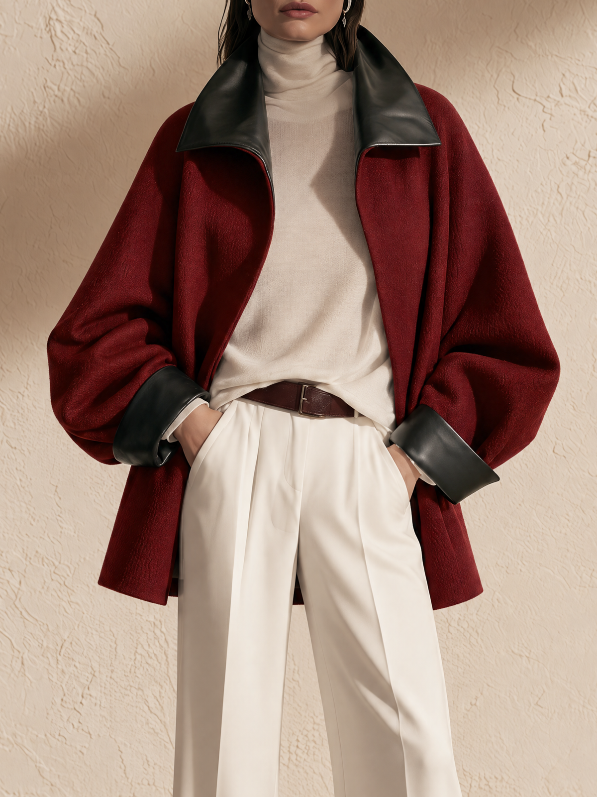 Burgundy And Black PU Leather Panel Lapel Woolen Coat