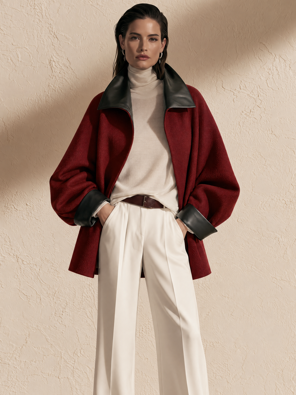 Burgundy And Black PU Leather Panel Lapel Woolen Coat