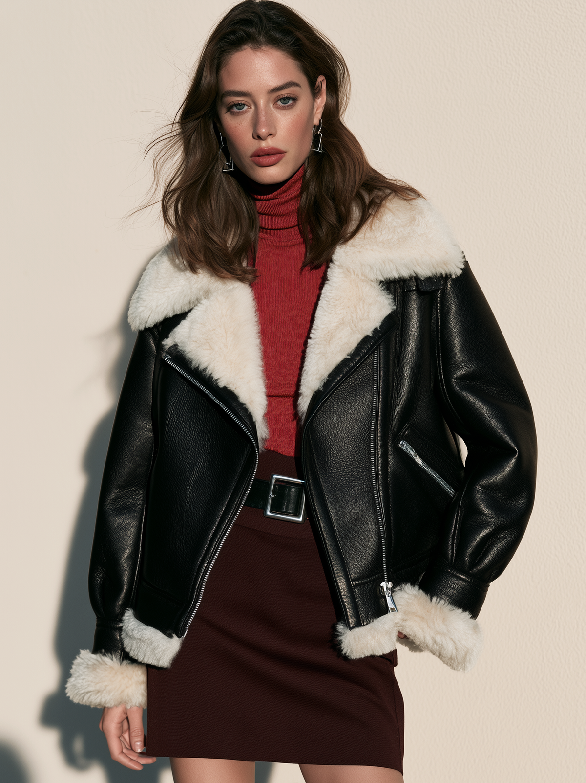 Shearling Collar Leather Biker Jacket