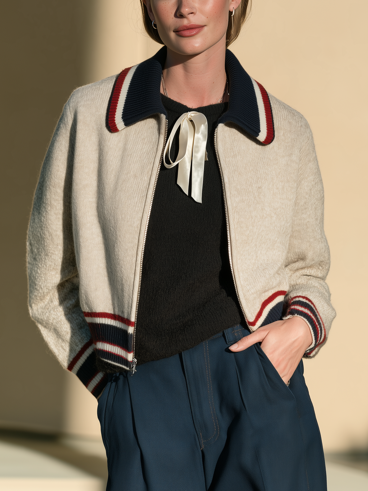 Striped Collar Zip-up Knit Cardigan