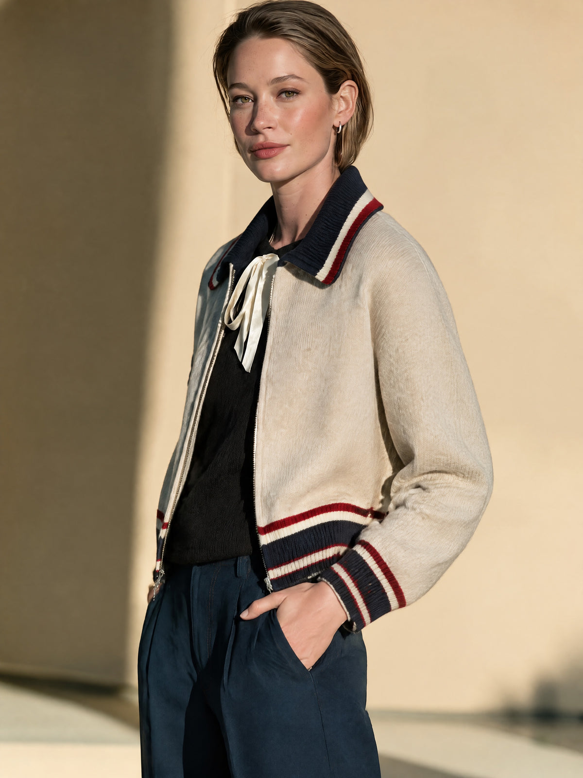 Striped Collar Zip-up Knit Cardigan