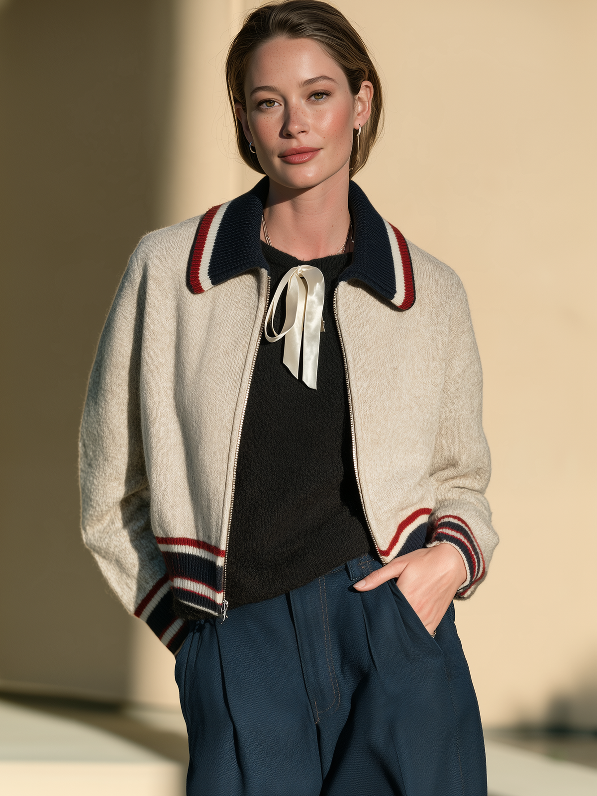 Striped Collar Zip-up Knit Cardigan