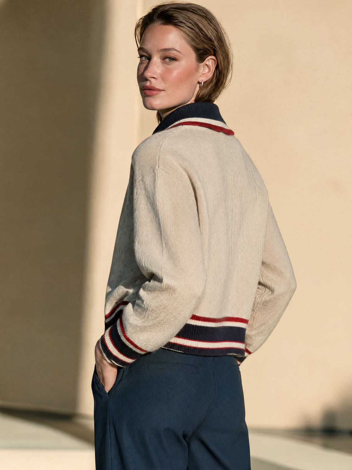 Striped Collar Zip-up Knit Cardigan
