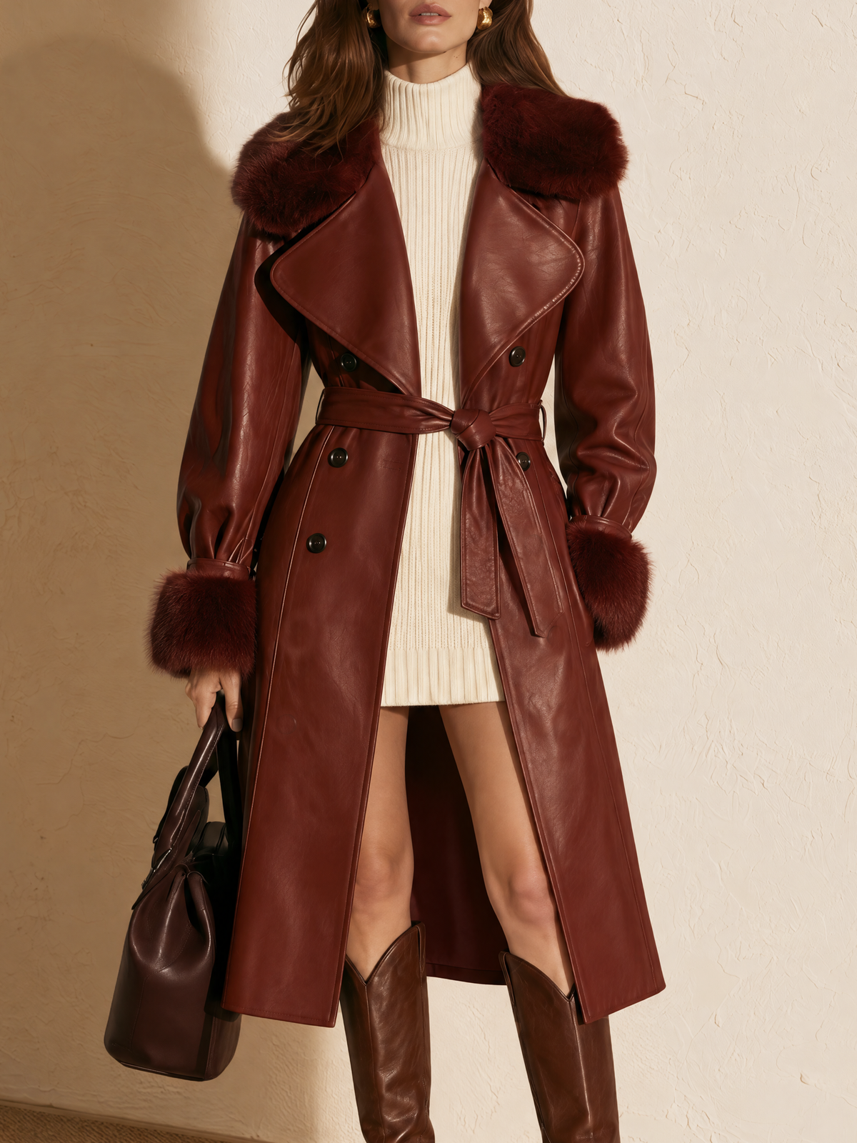 Reddish Brown Fur Collar PU Leather Coat