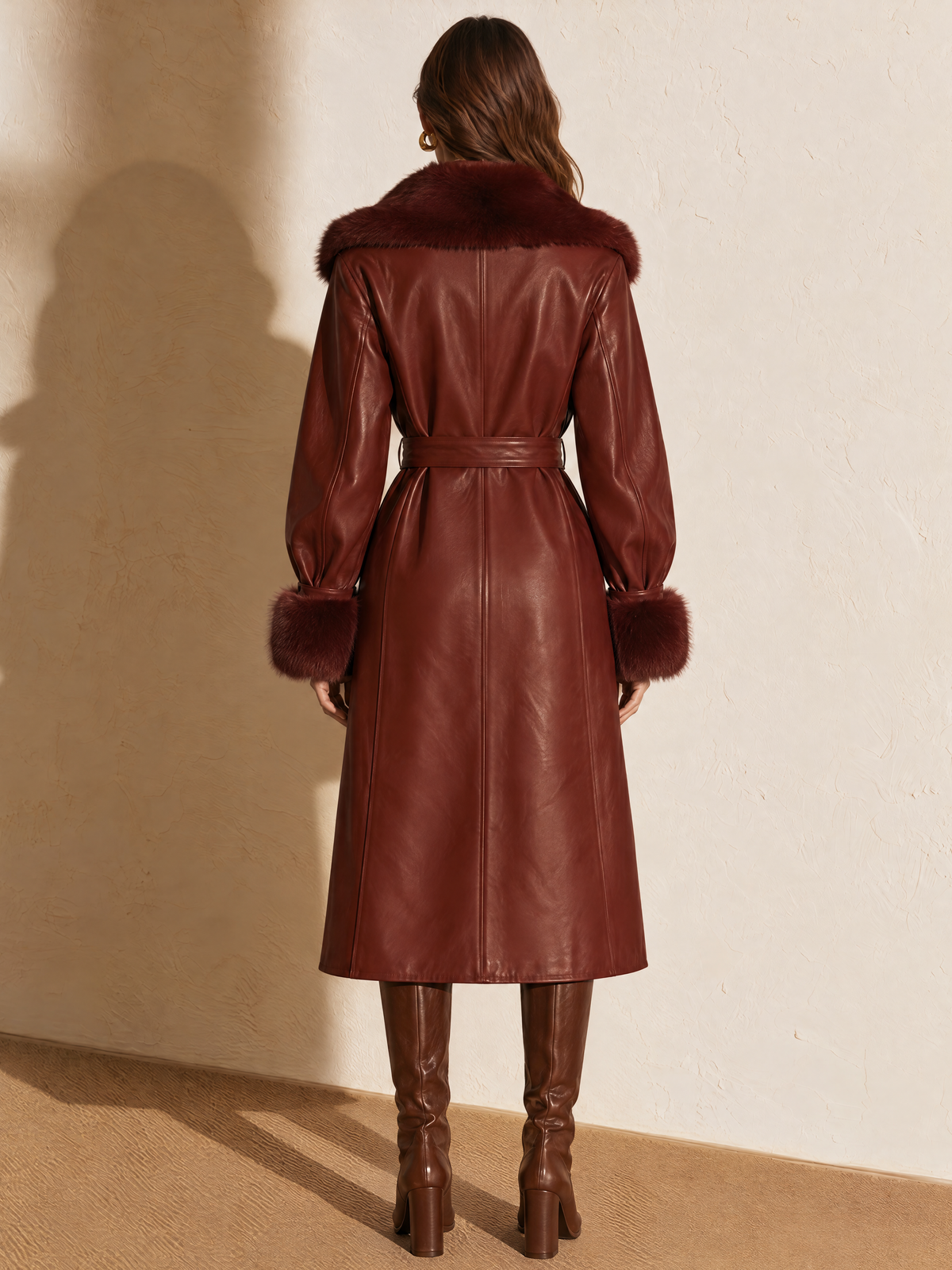 Reddish Brown Fur Collar PU Leather Coat