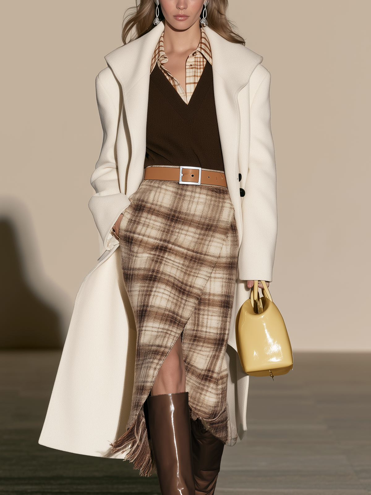 Wide Lapel Cream Long Wool Coat