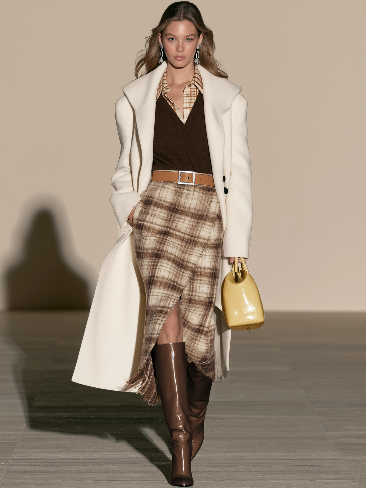 Wide Lapel Cream Long Wool Coat