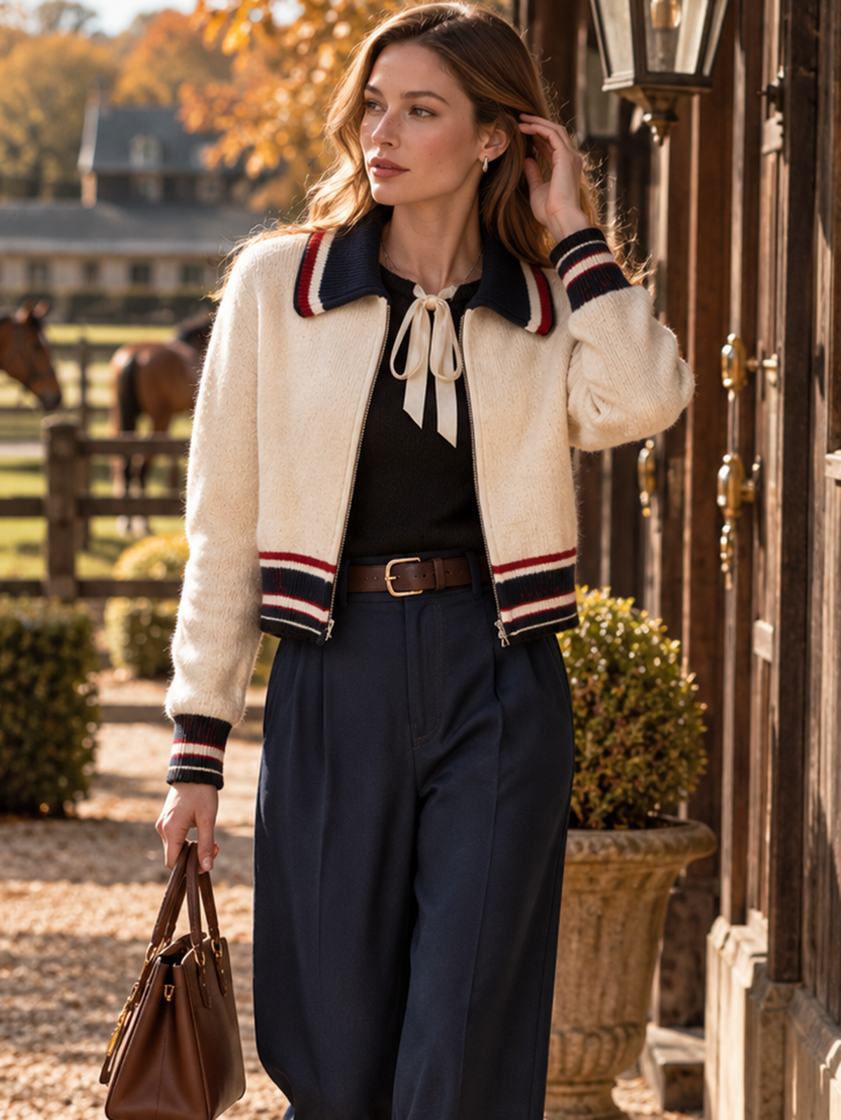 Striped Collar Zip-up Knit Cardigan