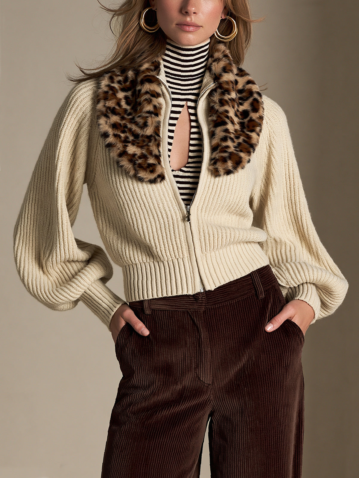 Cream Leopard Faux Fur Collar Knit Zip-Up Cardigan