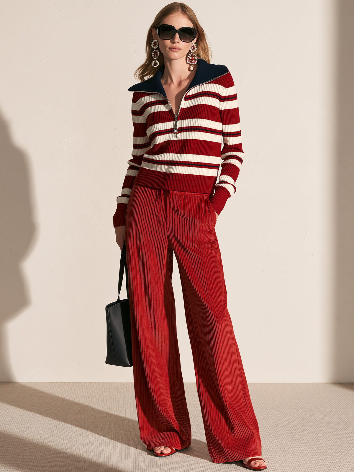 Red Striped Top & Corduroy Wide Leg Pant Knit Set