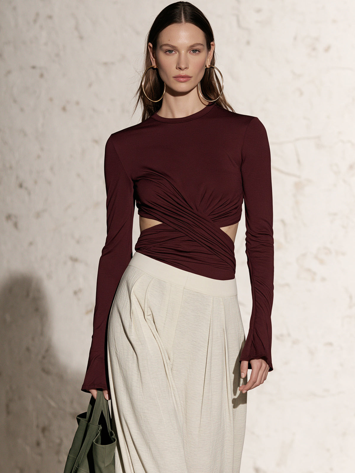 Burgundy Cross Wrap Long Sleeve Knit Top