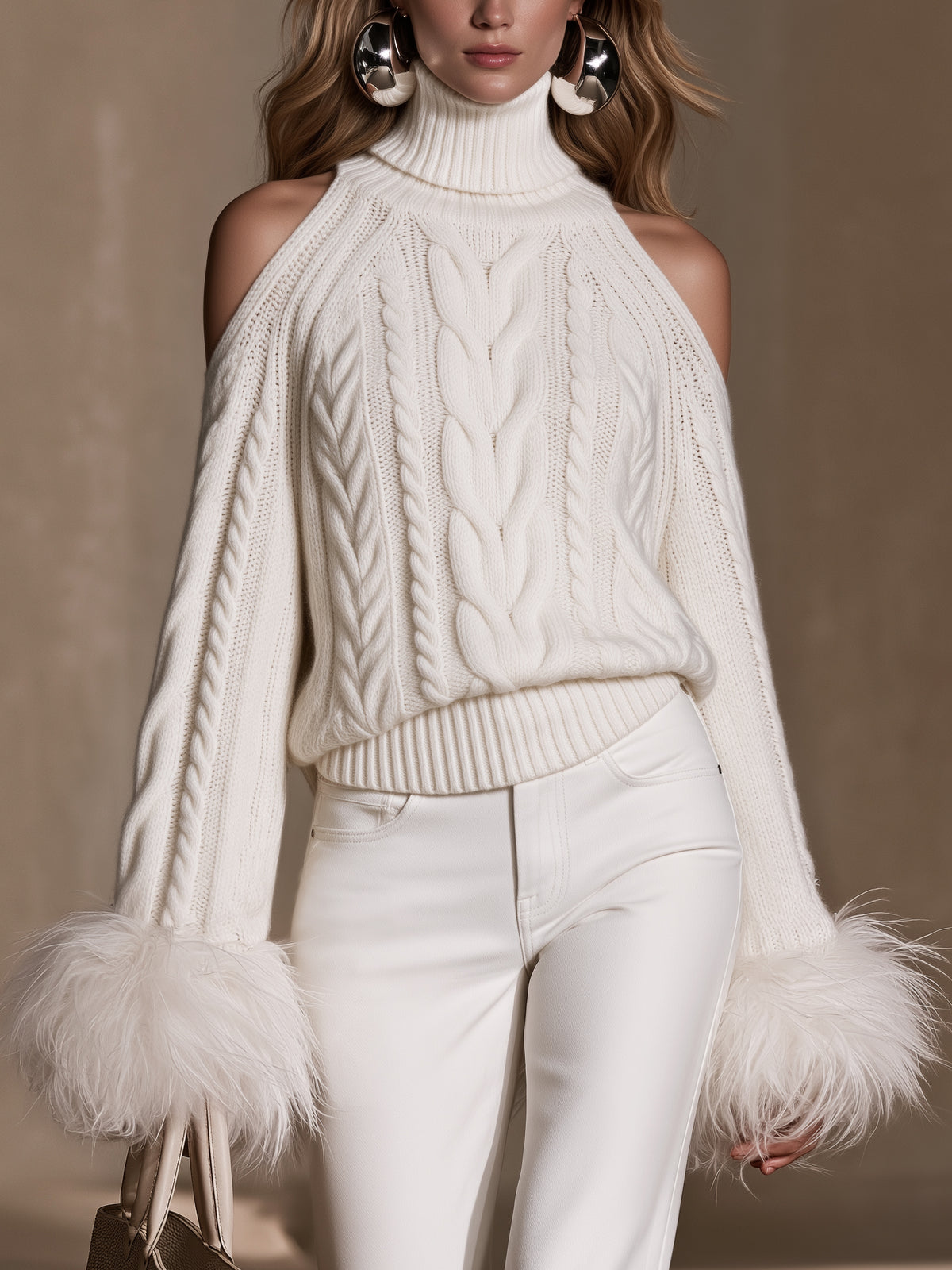Ivory Turtleneck Cable Knit Feather Cuffs Sweater